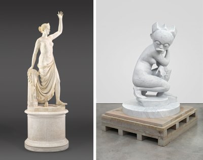 A composite image showing two sculptures. One is a neoclassical sculpture of a naked woman. Another shows a squatting naked woman wearing an African mask.