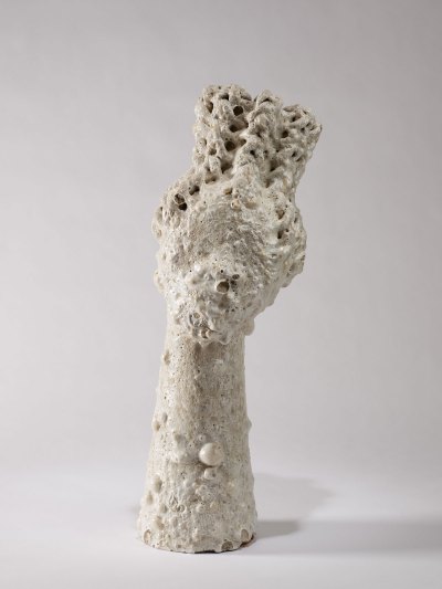 A white stone foot sculpture with a woman's face displayed on it, which is very abstract. 