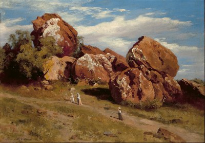 In the painting, several people are walking on a path beside some large rocks.