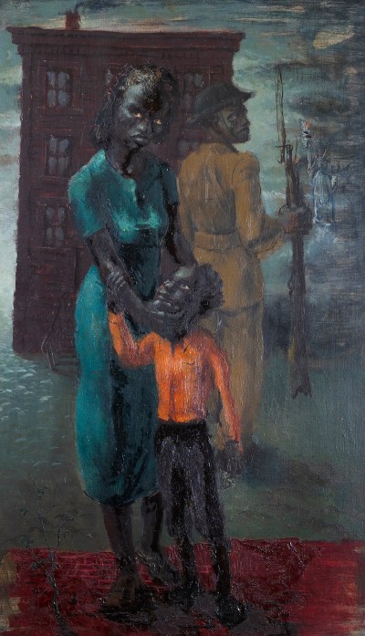 A painting of a black soldier changed his back to a black woman and their children. He stood in front of a property building with a bayonet. The Statue of Liberty is in front of him.