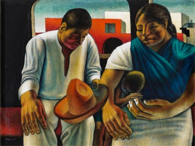 A drawing of a man holding a s bone and a woman holding a baby on her legs.