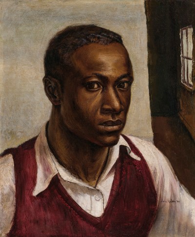 Black man painting in maroon vest.
