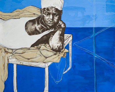 A drawing showing a Black woman reclining on a table in a blue background. 