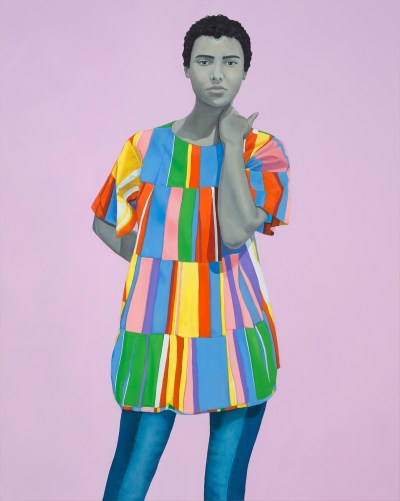 A painting of a Black woman with gray skin on a lavender background. She wears a multicolored striped blouse and jeans. 
