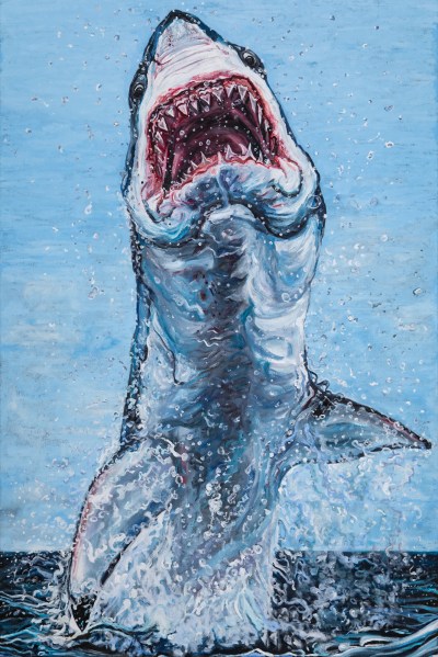 A painting of an irregularly long shark leaping out of an ocean.