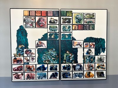 Two-panel artwork, which includes a serpentine green form with abstract drawings.
