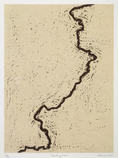 Woodcut prints show an uneven black line passing through the white space.