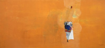 A painting, with a lot of orange and yellow fields, passed by people from the north and north. 