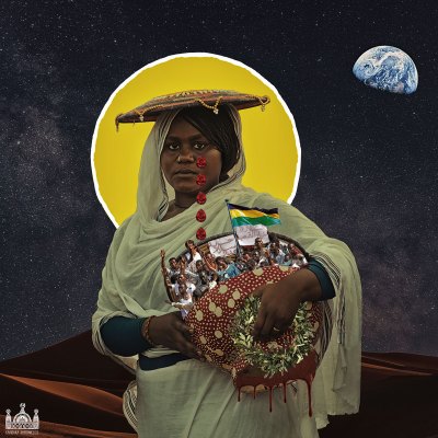 The collage shows a sultanian woman on a green-headed scarf holding a basket showing various young sultanian men and a black, yellow and green striped flag. She is located in the background of the universe, and the earth is seen in the upper right corner like the moon. 