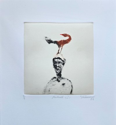 A man's single person with a bird on his head. 