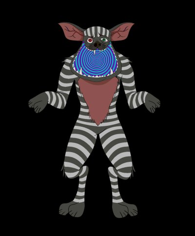 Drawings of standing dog with off-white stripes. Its mouth is open in blue and purple circles.