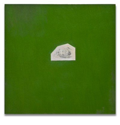 A green painting with a White House on it.