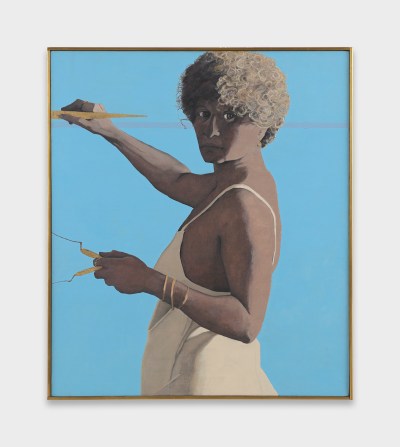 A painting of a woman holding a brush.