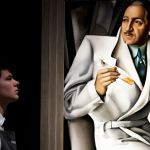 A man stood next to a large painting.