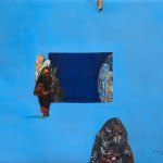 A blue painting of a dark blue rectangle illustration. Several covered numbers move around in different vantage points.