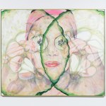 A woman's face wrapped under the pink head and cucumber slices on her eyes.