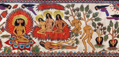 A dense painting, some women are engulfed by flames. They have some sprouting trees around their necks. Some of the heads were spurted out by trees. 