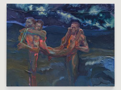 A painting shows two black men carrying one-third of black men between their shoulders in a spinning blue night sky and a wave.