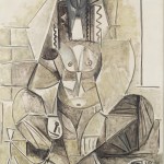 Cube painting in the grey palette depicts a sitting woman with her head covering her bare chest and holding a hookah.