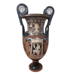 Apulian volute Krater: This red clay vase dates back to 320-310 BC and originated in the Greek colony of Apulia in southern Italy and depicts a man's figure holding a helmet, a symbol of the creator of the vase, a helmet painter. Edoardo Almagià allegedly trafficked Krater to New York and sold it to the Manhattan Ancient Art Gallery before 1987. Krater was taken back by ATU from its private collection in 2024.