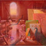 A pink peacock painting standing in a painting of a naked woman, piled together.