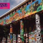 The fresco of Makhu are located on the facade of the Central Pavilion of the Venice Biennale. Makhu (Movimento Dos Artistas Huni Kuin) or Huni Kuin artist movement, depicts the story of Kapewë Pukeni (Crocodile Bridge). Founded in 2013 in Acre, the indigenous region of Kaxinawá (Huni Kuin), Brazil, the organization is one of many indigenous artists from many countries at the central exhibition of this year’s Venice Biennale.