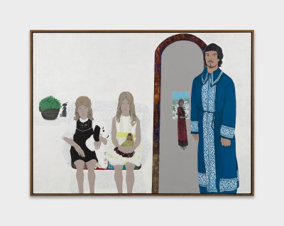 A painting of two sitting girls next to a mirror reflects a woman drawing a photo. A man in robe stood beside the mirror.