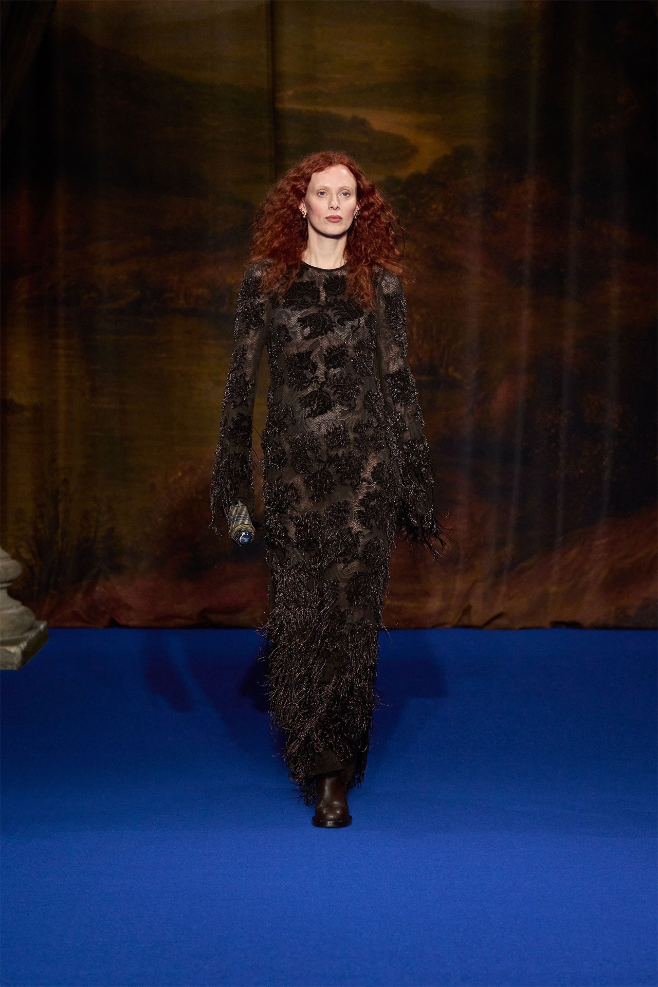 Images may contain Karen Elson clothing long sleeves fashionable adult clothing formally wearing footwear and shoes