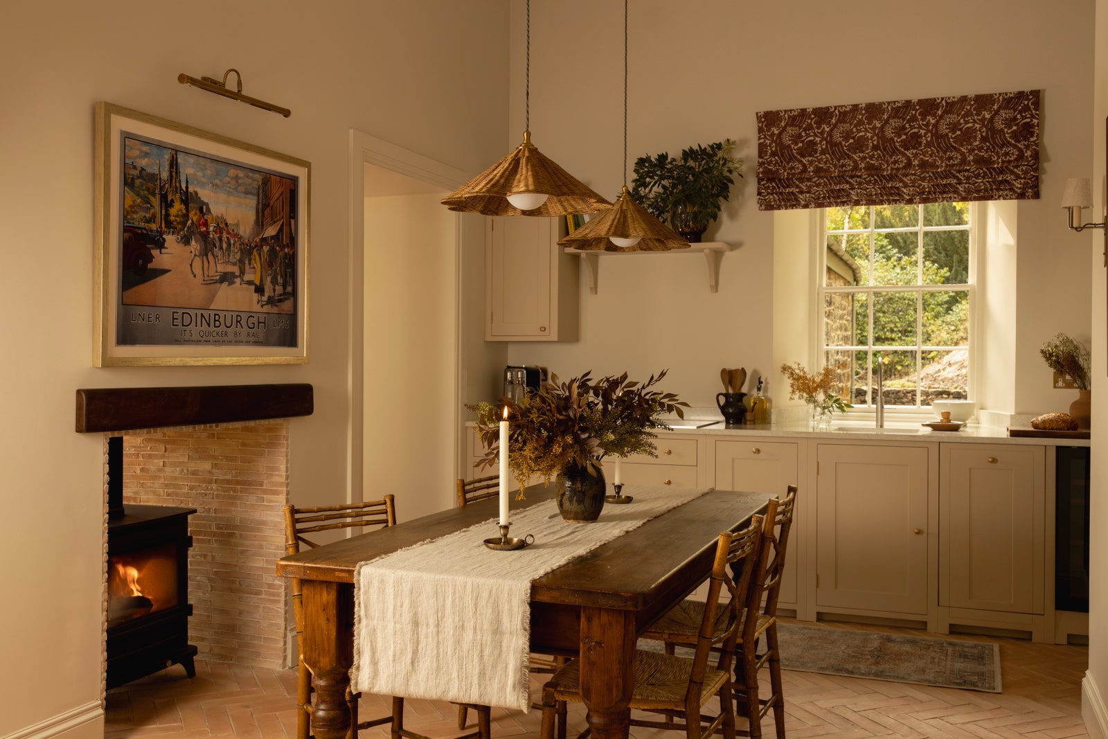Images may contain architectural dining table furniture indoor dining table and fireplace