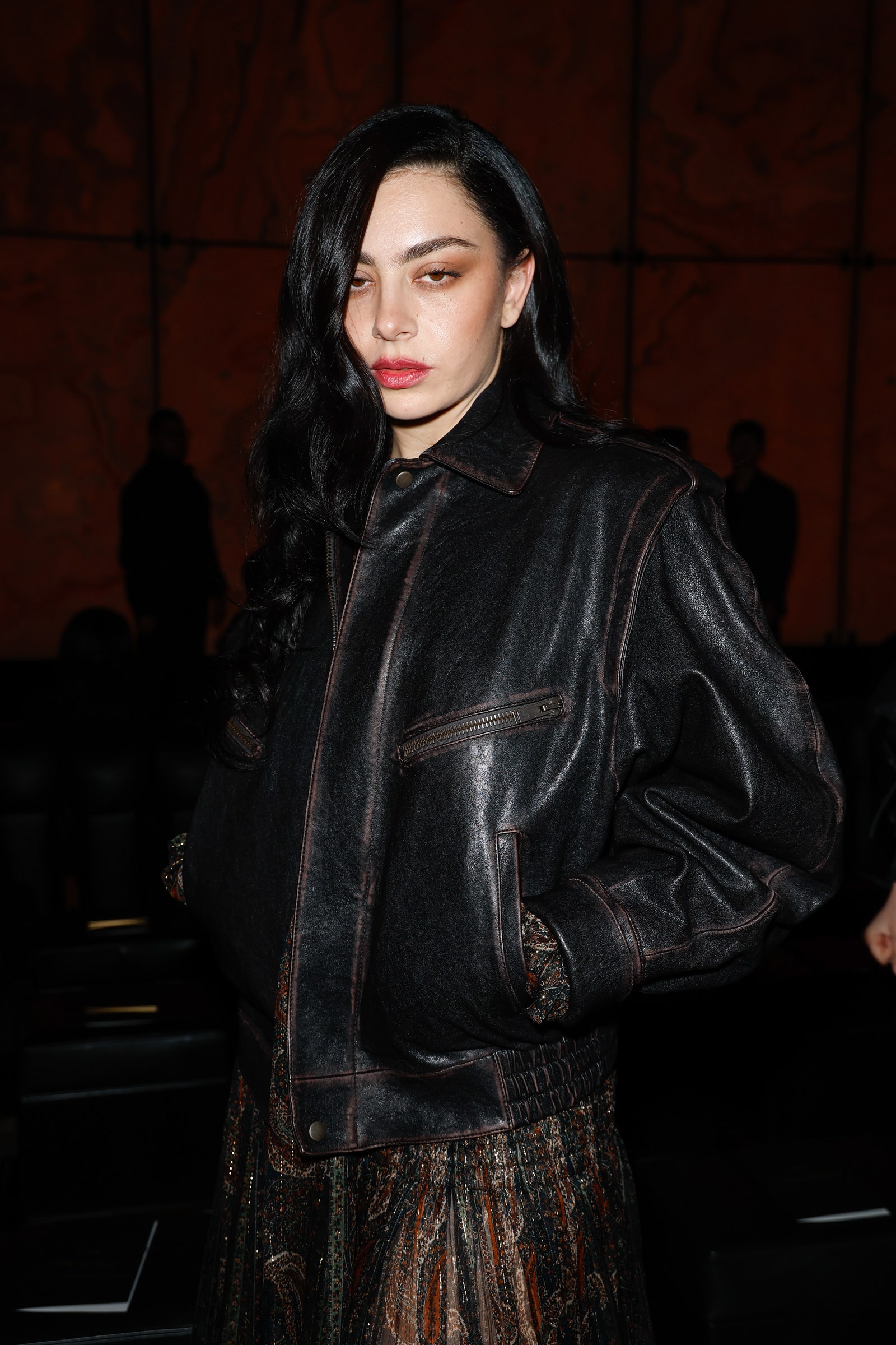Images may contain Charli XCX Clothing Jacket Adult Brunette and Leather Jacket