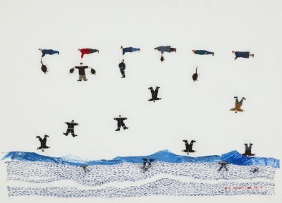 A linen is sewn, people fly over the sky, and they send more people into the ocean below.