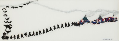 A piece of linen embroidered with a group of crows who became policemen. These policemen fought with people sitting.