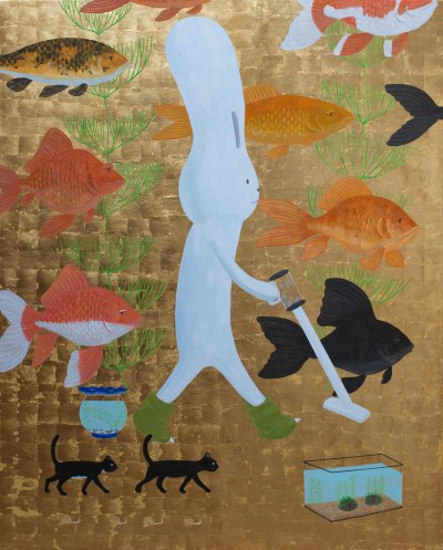 A painting with a white rabbit on it, swimming against the background of golden leaves with a vacuum cleaner. 