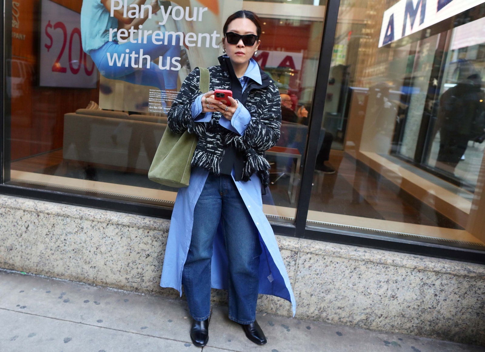Images may contain Jen Shyu clothing pants jacket accessories bag tote bag adult glasses and electronics
