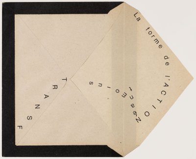 A work of art consisting of an open beige envelope mounted on black and white paper. The text on the envelope reads 