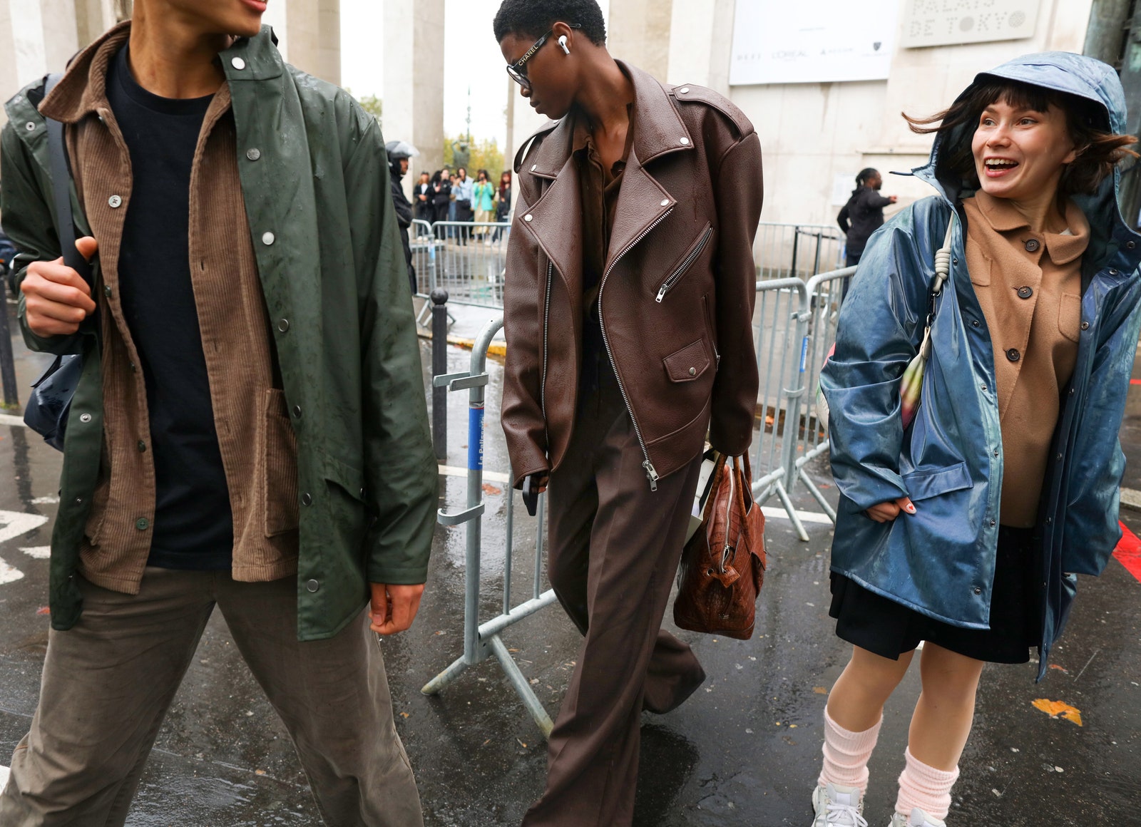 Images may contain clothing, jacket accessories, handbags, handbags, people, teenagers, gloves, adult shoes, shoes and glasses