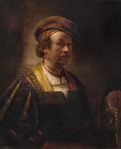 Portrait of Rembrant in palatial 17th century costume on muddy brown-black background. 
