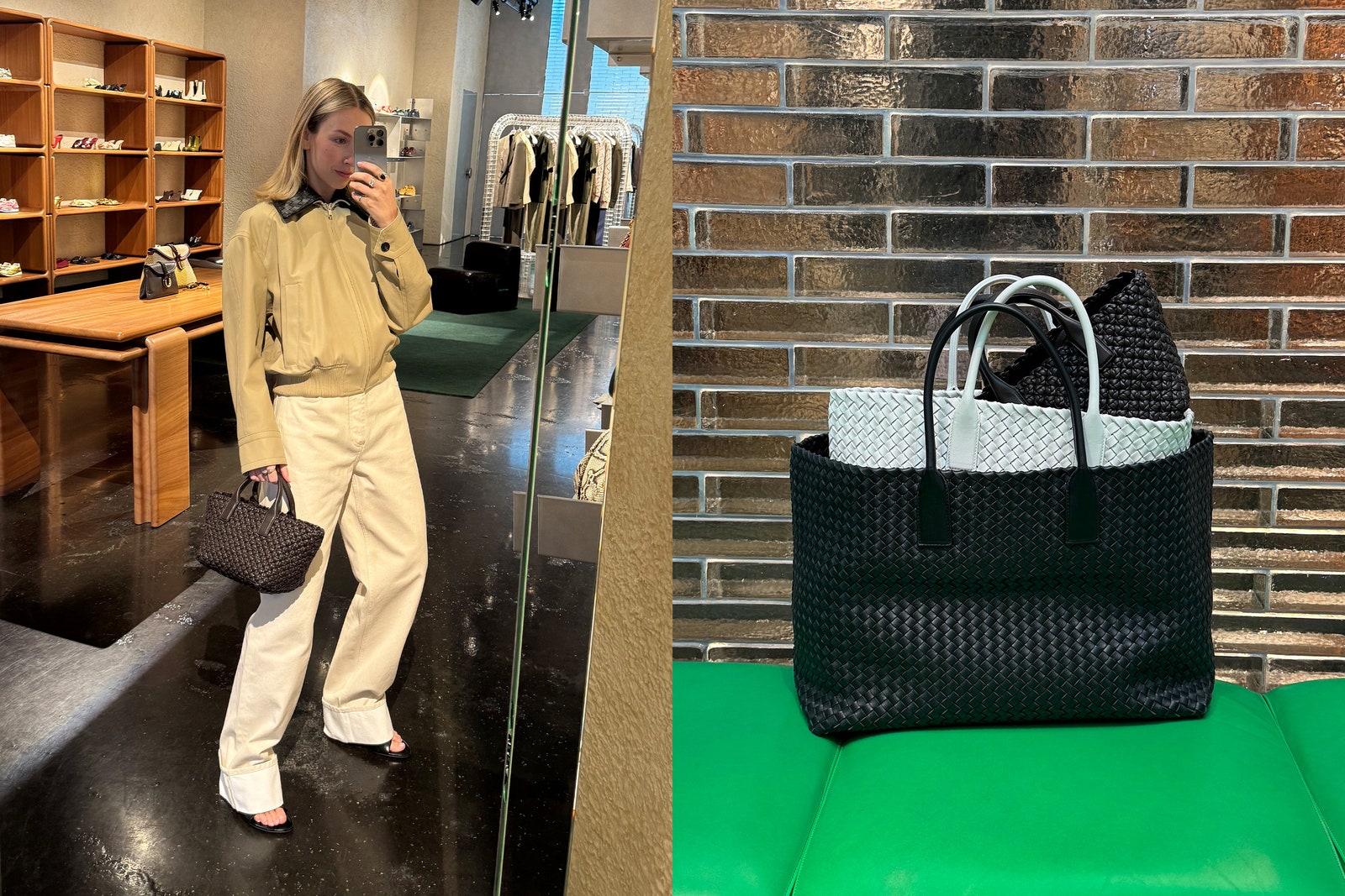 Images may contain Wynn Everett accessories tote bags tote bags personnel clothes pants tote bags and furniture