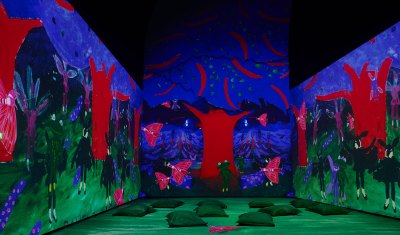 The animation of the scene design shows various animals in the forest. There are large pillows on the floor. 