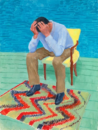 A portrait showing a man in a blue shirt and brown pants, holding his head in his hand and elbows out of his knees as he looked at the gorilla. He sat on a yellow chair. The walls are painted blue and the floors are green. 