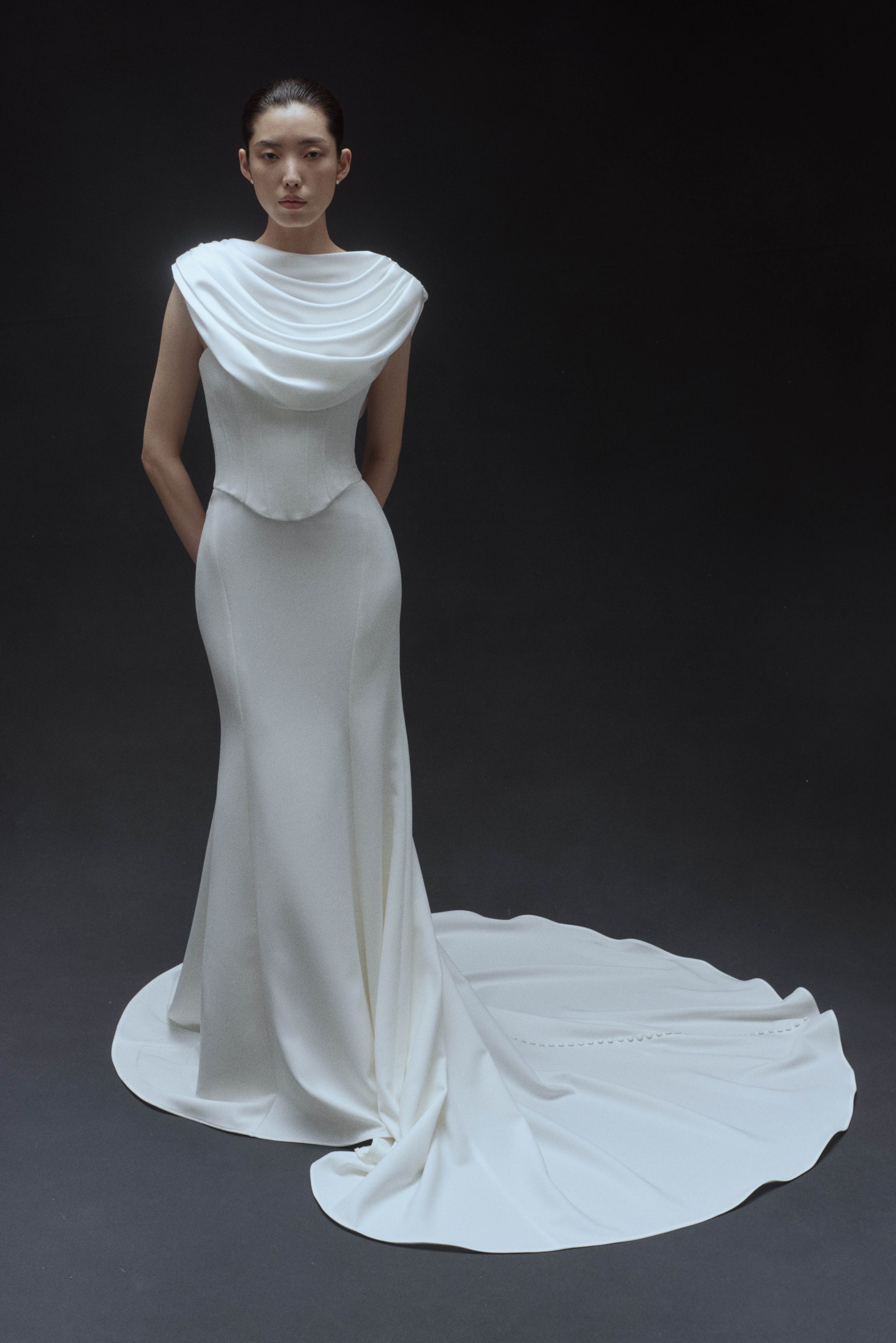 Images may contain Kim Sunghee clothing stylish formal wear dress wedding dress adult and man