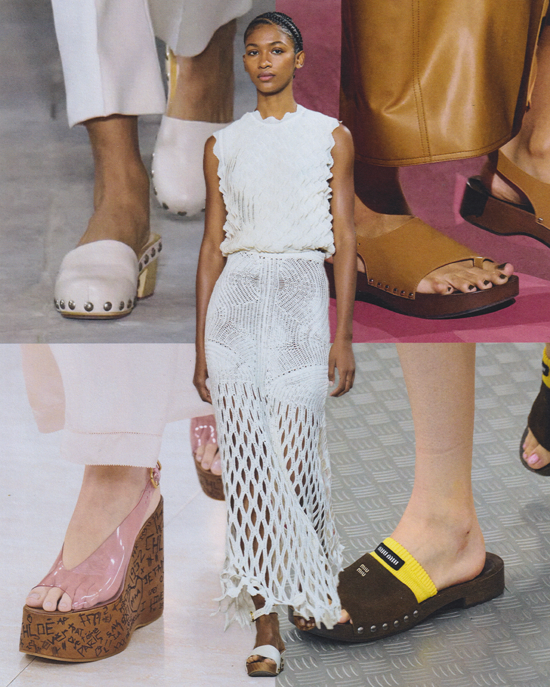 Images may contain clothes, shoes, sandals, high heels, adult face and head