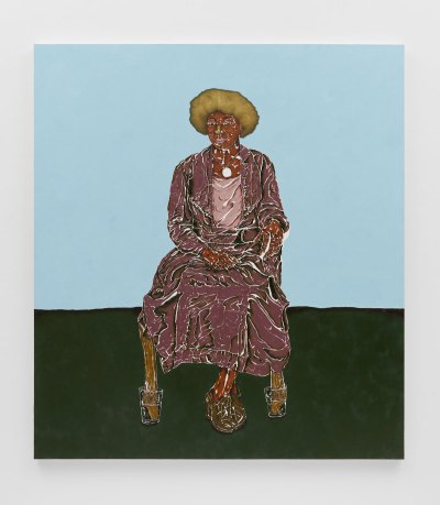 A painting of a black woman with blonde African woman wearing a lilac dress and a light pink top. She sat on blue walls and green floors. 