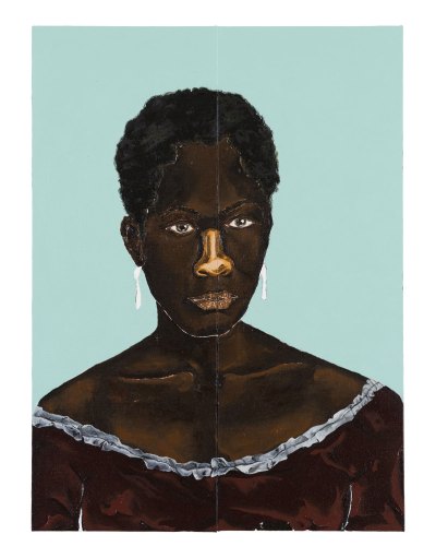 A painting of a black woman from the 18th century wearing a dress from that era on a light blue background. 