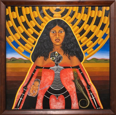 A painting of a woman whose body is opened to reveal the embryo, the lizard and her abstract internal organs. She appeared in front of the mountains, under the halo shape.