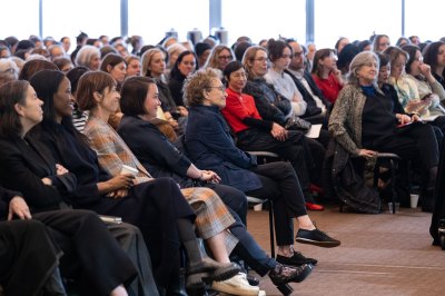Nicola Vassell, Charlotte Burns and Susan Unterberg watch artists speak on anonymous panels, a women’s workshop held on Wednesday, April 9, 2025 at the Nyu Kimmel Center in downtown Manhattan. Photos of Casey Kelbaugh/CKA