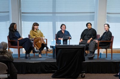 The new model of the Anonymous Female Artist Group at Nicola Vassell, Karen Patterson, Charlotte Burns, Rashida Bumbray and Connie Butler on Wednesday, April 9, 2025 at the NYU Kimmel Center in downtown Manhattan is a women's workshop. Photos of Casey Kelbaugh/CKA