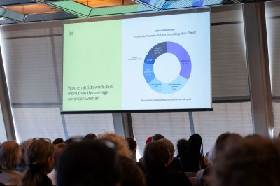 The results of the anonymous AWAW artist survey were held Wednesday, April 9, 2025 at the New York University Kimmel Center in downtown Manhattan. Photos of Casey Kelbaugh/CKA