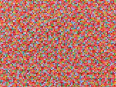 A grid of paintings, each square has a different tone, most of which are shades of red.