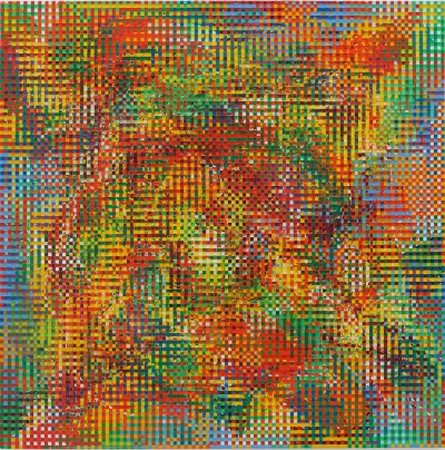 A painting of a grid, which appears to appear from a series of multi-colored bands.